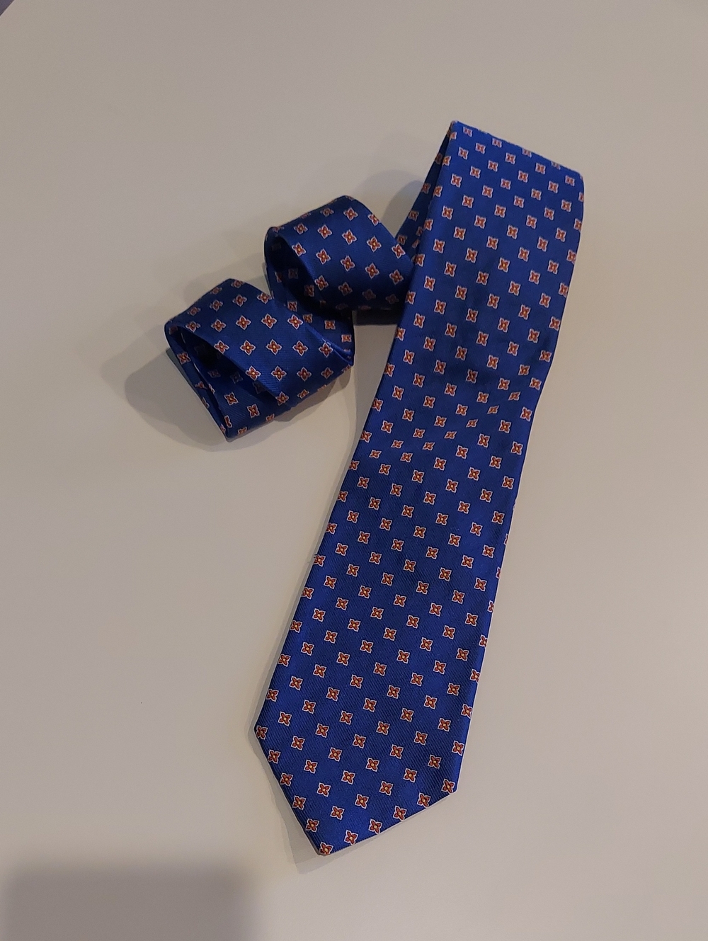 Vintage Lands' End Royal Blue Tie with Small Red and White Floral Medallions